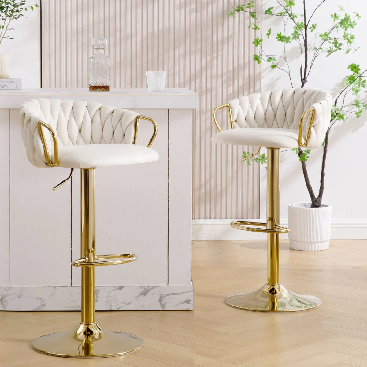 Banquetas Altas Modernas Giratorias Regulables con Respaldo Tejido para Cocina Estilo Minimalista
